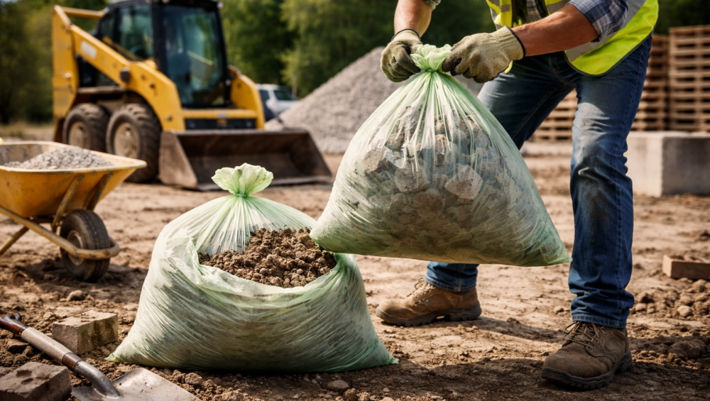 Worker lifting heavy-duty compostable bag filled with gravel at a construction site