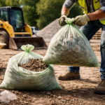 Worker lifting heavy-duty compostable bag filled with gravel at a construction site