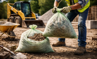 Worker lifting heavy-duty compostable bag filled with gravel at a construction site