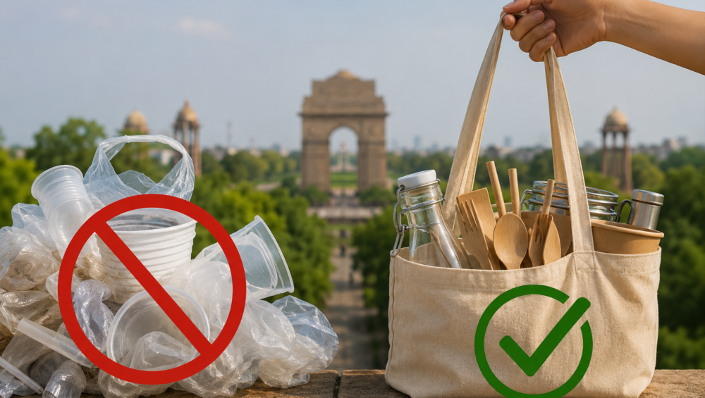 India's Single-Use Plastic Ban campaign showing plastic waste reduction and eco-friendly reusable alternatives with a sustainable environment theme