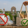 India's Single-Use Plastic Ban campaign showing plastic waste reduction and eco-friendly reusable alternatives with a sustainable environment theme