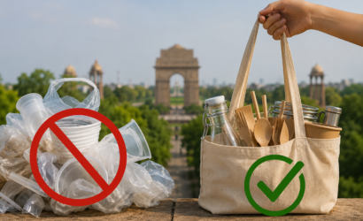 India's Single-Use Plastic Ban campaign showing plastic waste reduction and eco-friendly reusable alternatives with a sustainable environment theme
